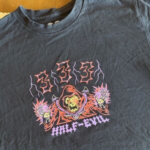 Men's Black Graphic Tee with Red and Purple Design